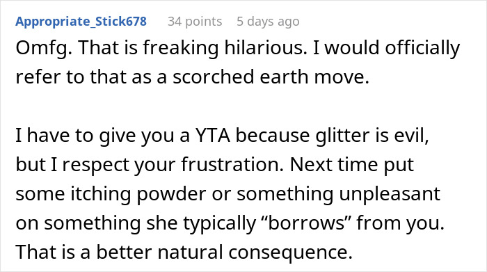 Comment discussing consequences of putting glitter in humidifier as revenge for roommate stealing clothes.