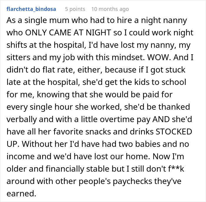 Comment from single mum about hiring a night nanny who worked overnight with fair pay and appreciation. - 27