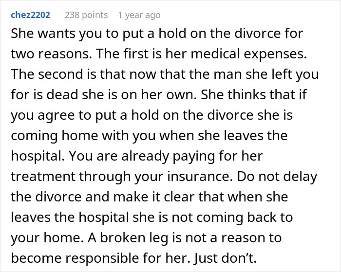 Text from a forum user explaining reasons why a wife wants her ex to delay the divorce after losing her affair partner. - 20