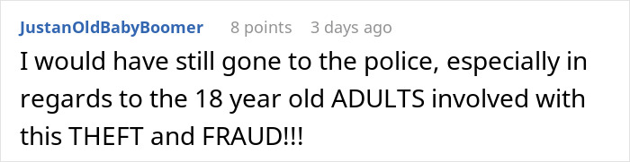 Screenshot of a Reddit comment discussing reporting theft and fraud related to a pregnant woman’s revenge after a friend’s guest stole. - 74