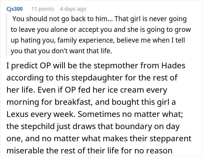 Comment discussing family experience and stepmother-stepchild relationship challenges in a forum about teen forging texts.