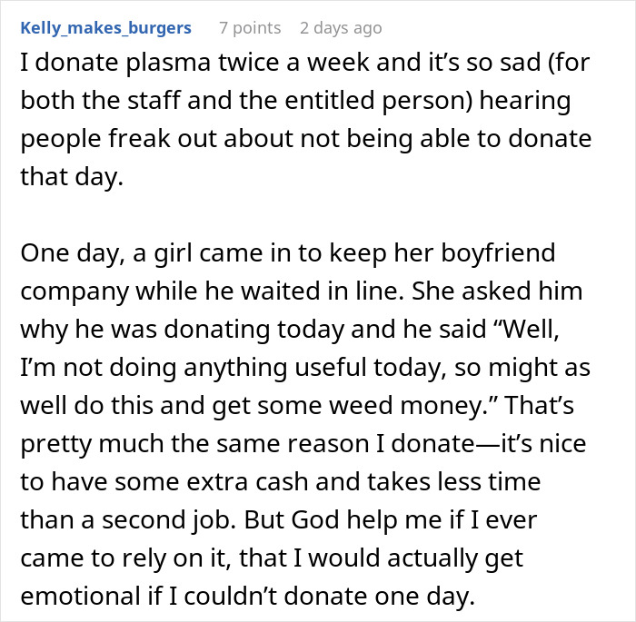 Text post discussing plasma donation experiences, mentioning woman denied plasma donation and accusations of racism. Text post discussing plasma donation experiences, mentioning woman denied plasma donation and accusations of racism.
