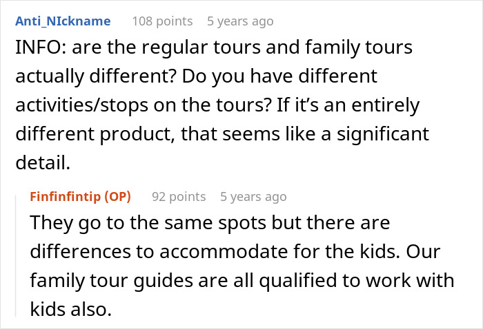 Screenshot of a forum discussion about differences between regular tours and family tours by a tour company. - 22