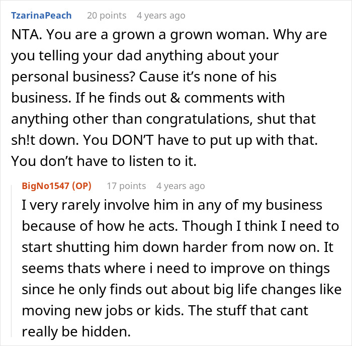 Reddit conversation about woman not sharing important news with dad after feeling horribly wrong about last attempt.