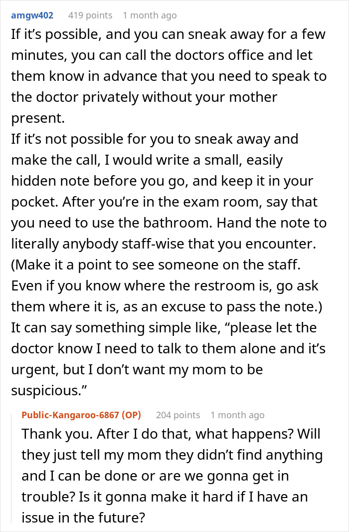 Text conversation showing advice on contacting doctors privately without a parent, related to teen hospital visits and exposing mom’s lies. - 18