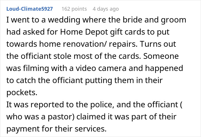Comment describing bride sister steal money caught on camera exposed at a wedding where gift cards were stolen by the officiant.