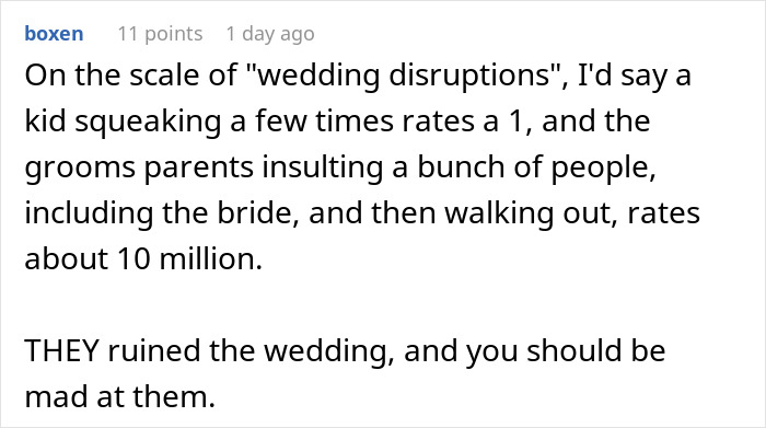 Alt text: Reddit comment discussing wedding disruptions involving bride, groom's parents, and autistic nephew conflict. Alt text: Reddit comment discussing wedding disruptions involving bride, groom's parents, and autistic nephew conflict.