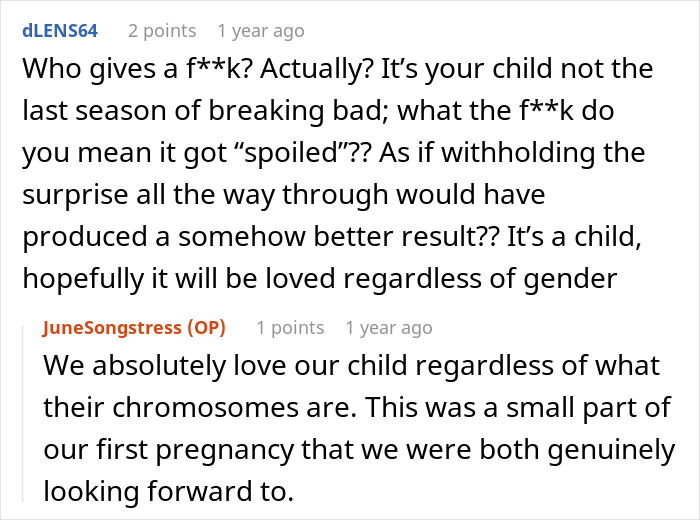 Reddit user debates husband throwing a fit over wife possibly spoiling the gender of their baby during pregnancy discussion.