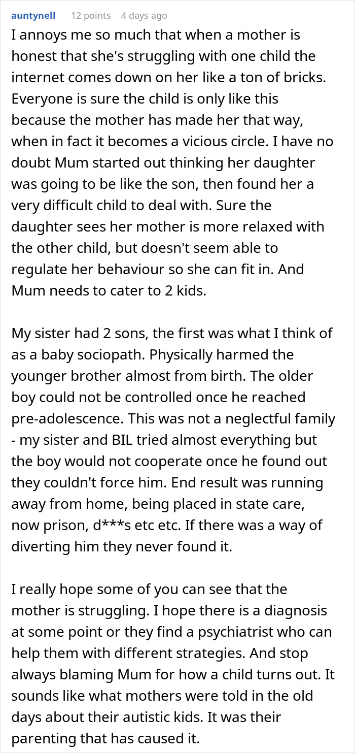 Online comment discussing struggles of a mother and public backlash over honest confession about difficult child behavior.