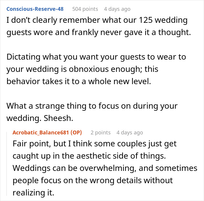 Screenshot of a discussion about the bride telling guests to wear neutrals and the wedding color dress code issue.