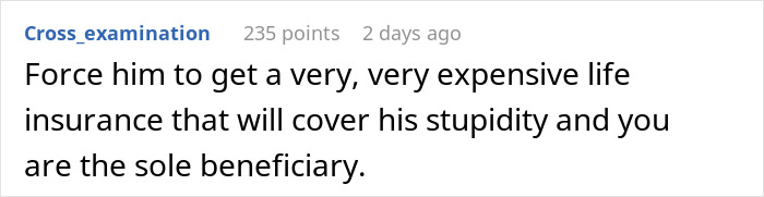 Screenshot of a Reddit comment discussing consequences related to a husband&rsquo;s new hobby affecting marriage.