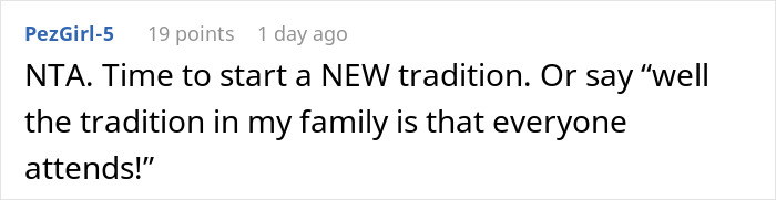 User comment on call off wedding weird family tradition, suggesting to start a new family tradition instead.