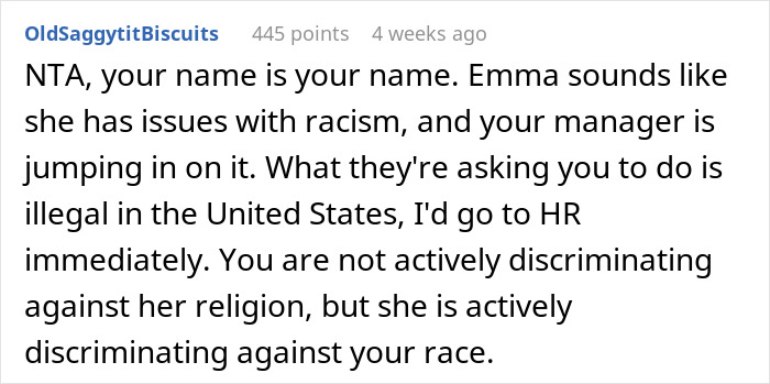 Comment discussing borderline racism as a Korean woman is told to change her name due to coworker offense concerns. Comment discussing borderline racism as a Korean woman is told to change her name due to coworker offense concerns.