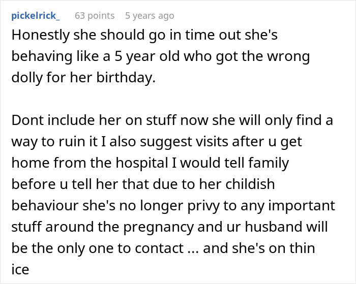 User comment discussing dealing with a MIL's childish behavior at a gender reveal and pregnancy boundaries.