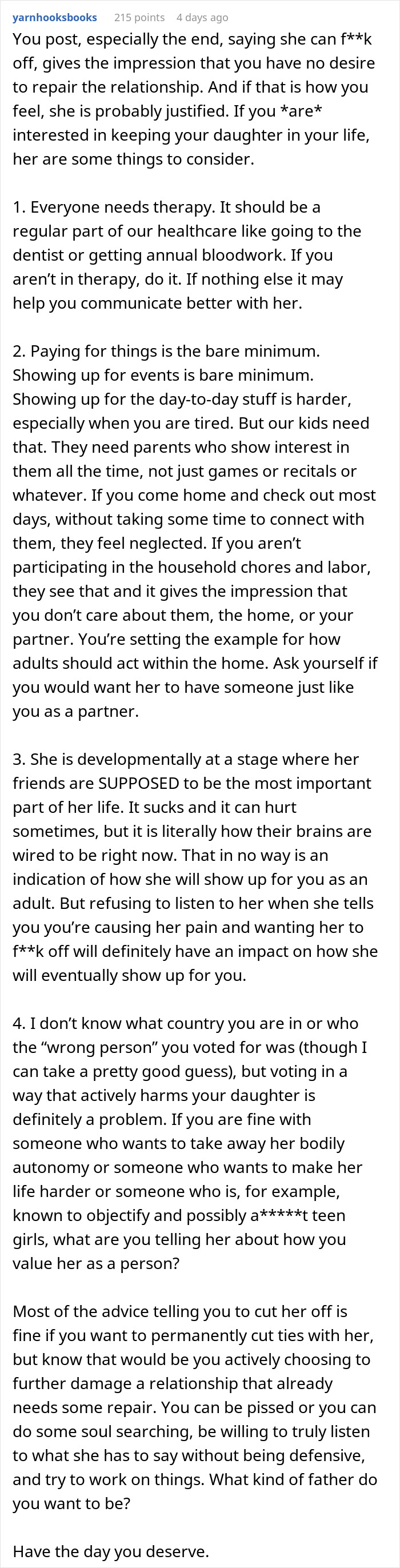 Screenshot of a discussion about a father grappling with his daughter's demands for apology over generational trauma. - 34