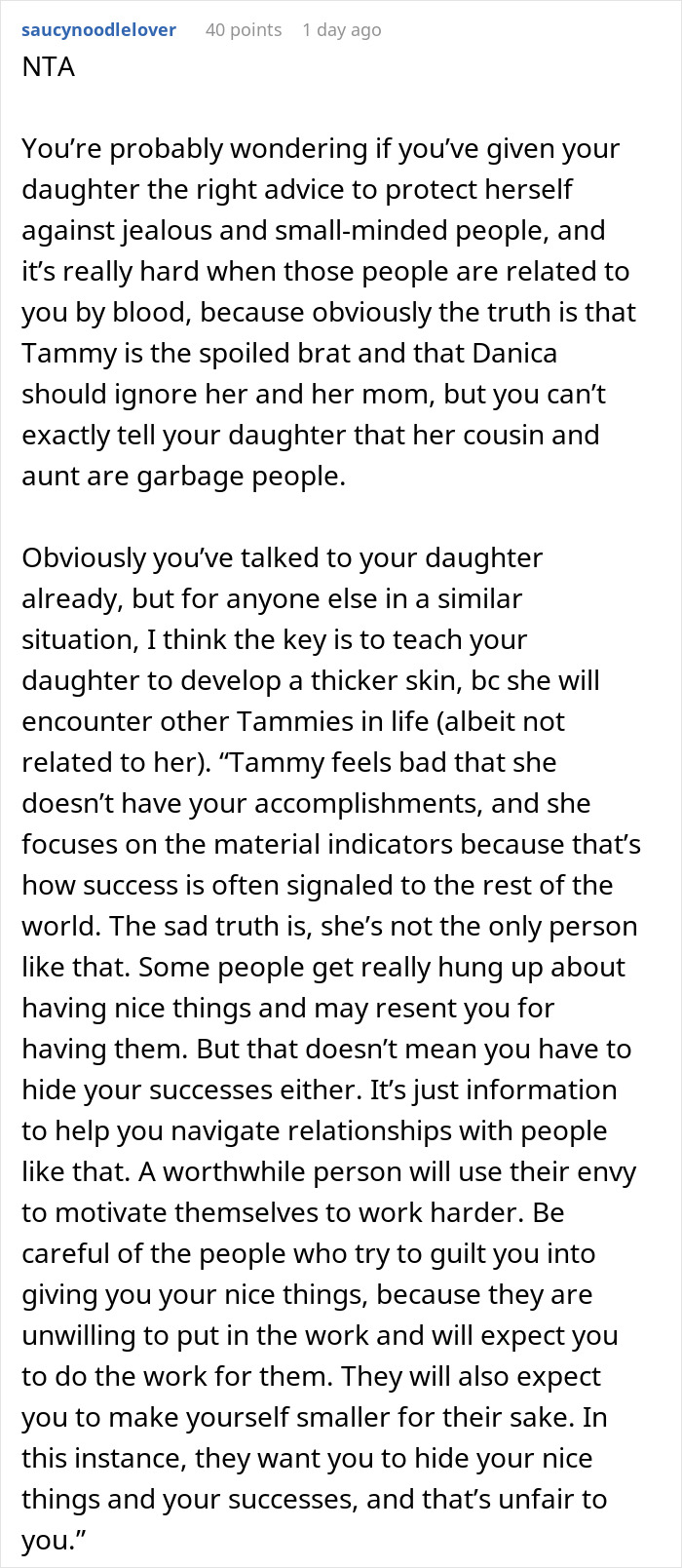 Text-based post discussing family jealousy and advice on handling success and envy within relatives.