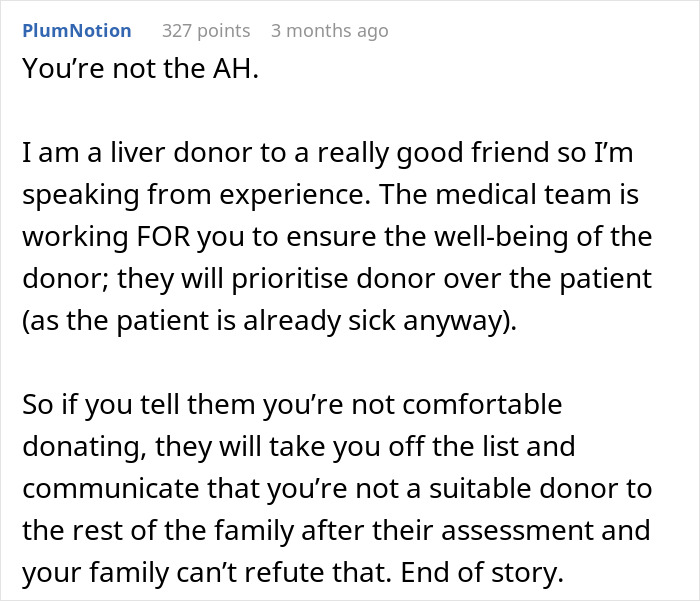 Commenter explaining experience as a liver donor, advising on refusing organ donation to a difficult father.
