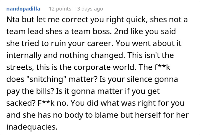 Commenter discussing a worker frustrated with being team lead’s scapegoat and labeled a snitch after complaining to HR. Commenter discussing a worker frustrated with being team lead’s scapegoat and labeled a snitch after complaining to HR.