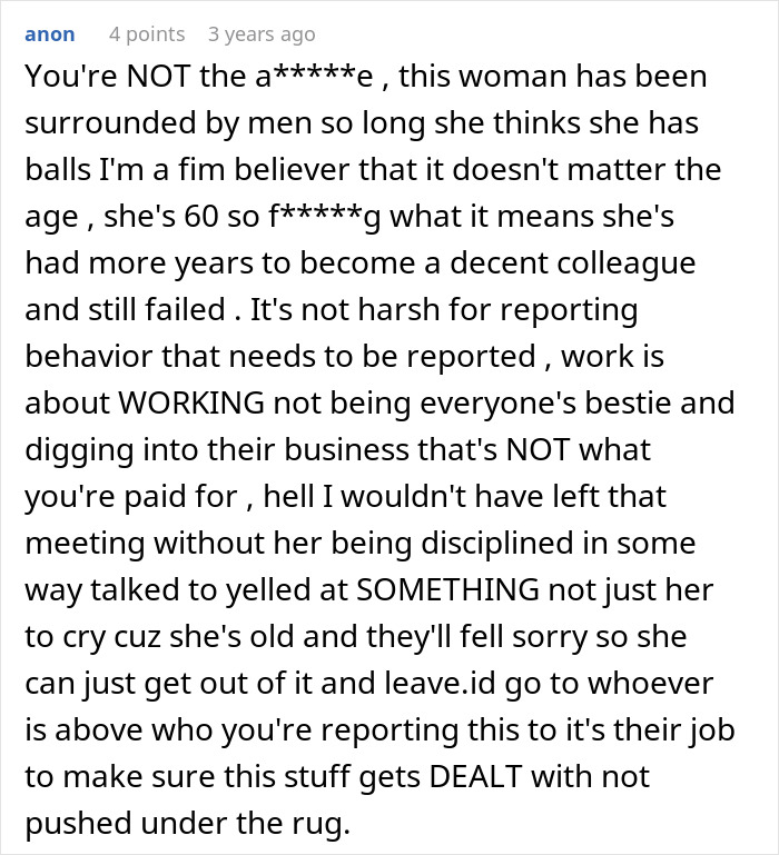 Text comment on a white background discussing a boss caught spying on a 25-year-old coworker and workplace behavior issues.