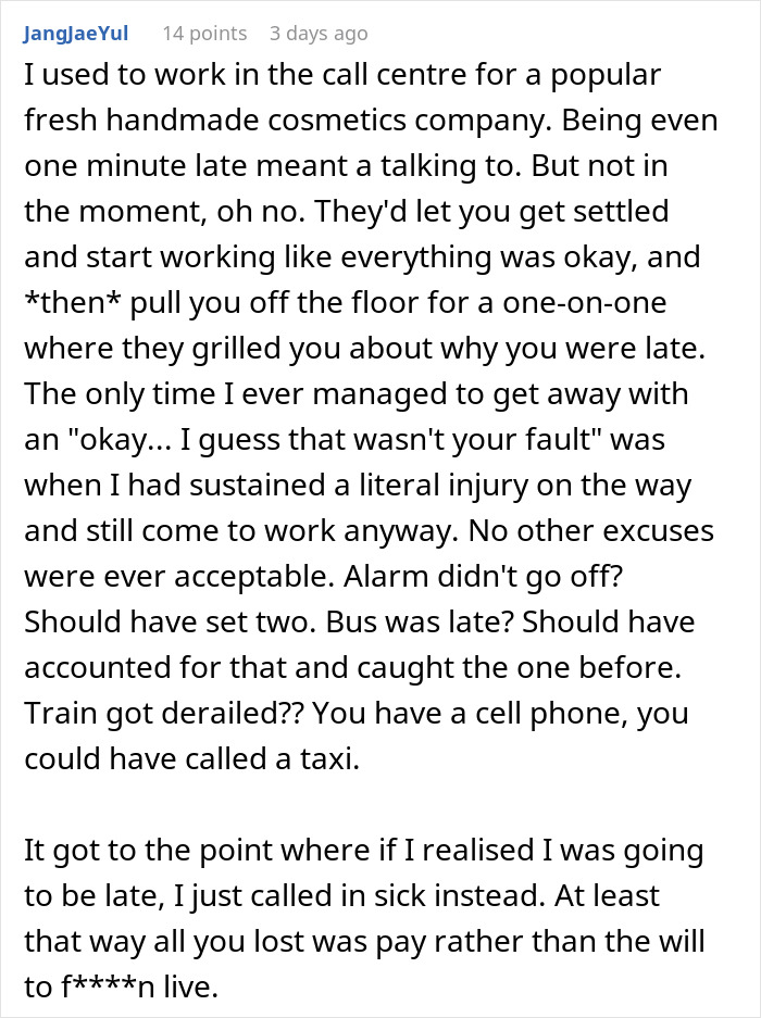 Chat message highlighting frustration over same penalty for being a few minutes late or hours late at work.