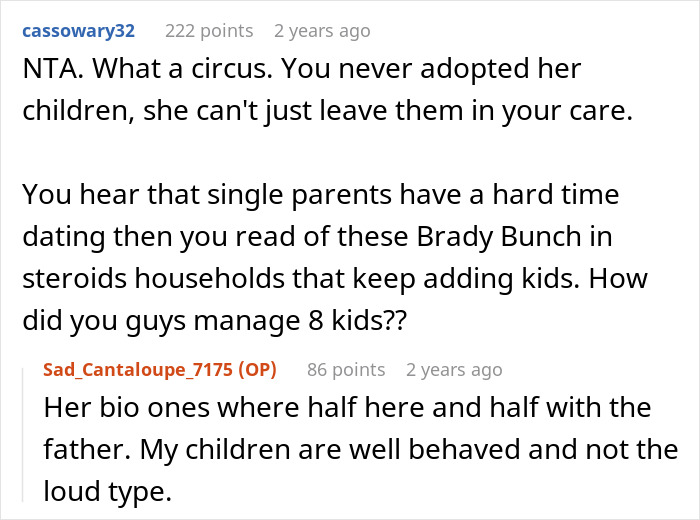 Online forum discussion about a mom of 6 trying to leave two adopted kids with her ex during divorce dispute.