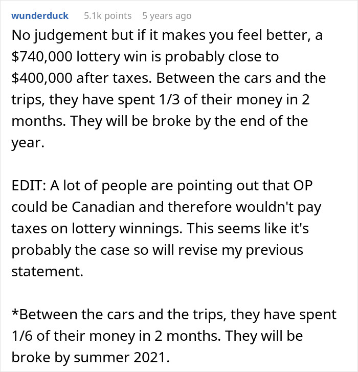 Comment discussing lottery winnings, spending habits, and concerns about being broke within months after winning the lottery. - 15