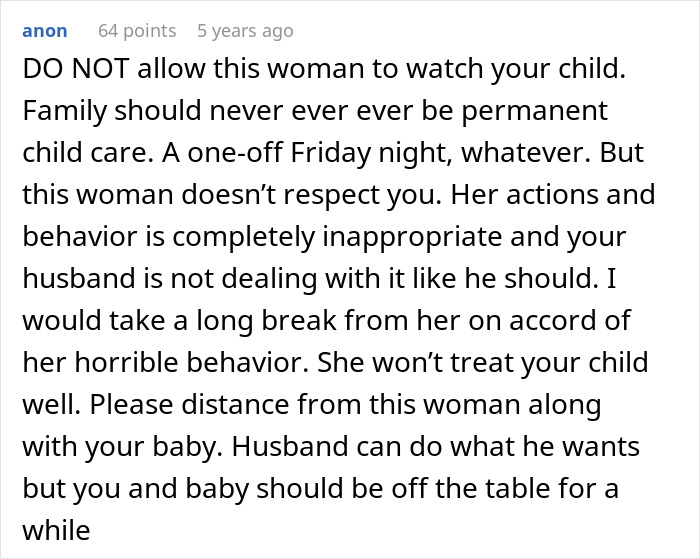 Comment advising to avoid allowing MIL to care for child due to disrespectful behavior during a gender reveal argument.