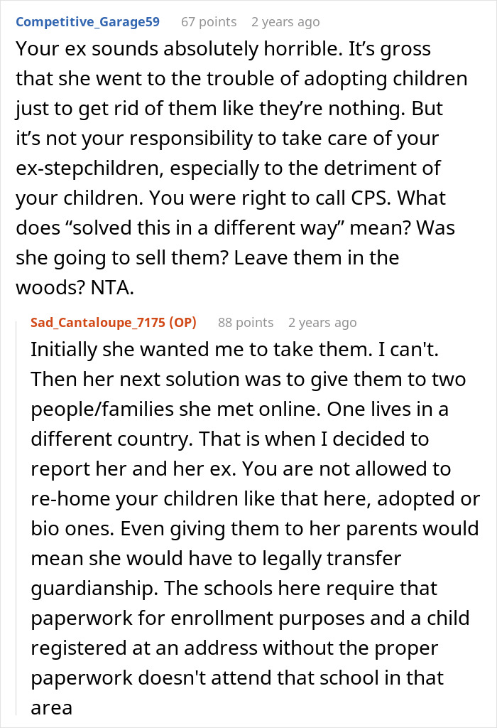 Reddit user discusses mom of 6 trying to dump adopted kids on ex during divorce, leading to CPS involvement.