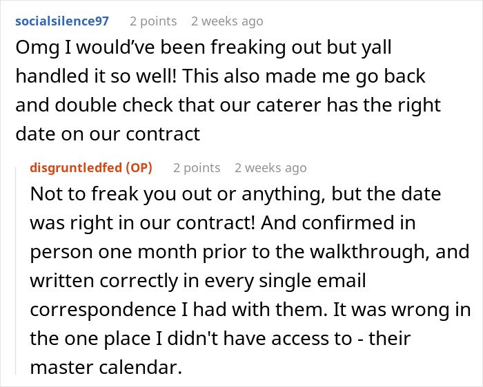 Bride upset discovering wedding caterers got the event date wrong just one hour before ceremony started.