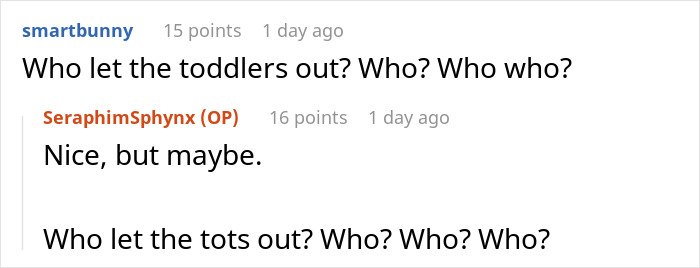 Screenshot of an online conversation referencing toddlers with a humorous tone related to toddler Karen banned shocking. - 19