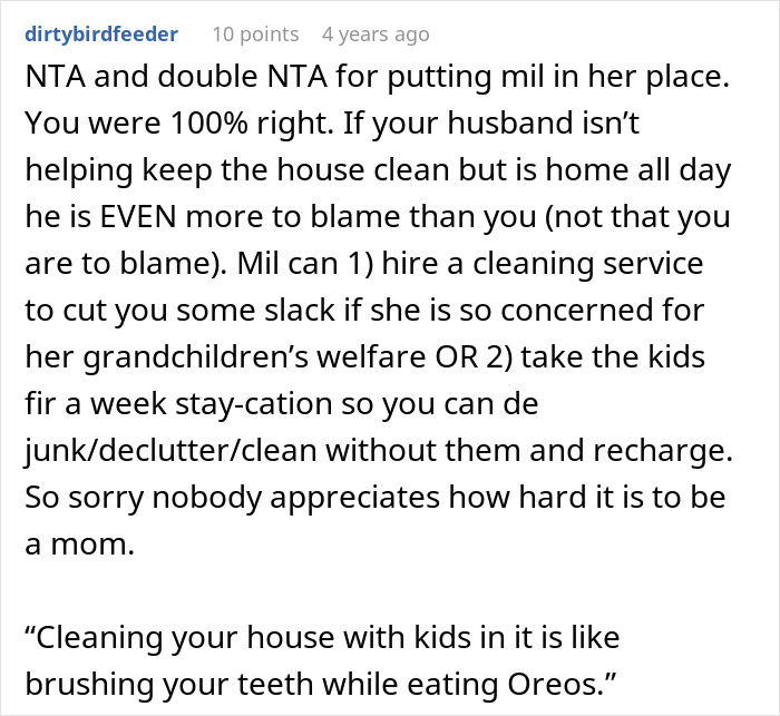 Reddit comment defending a mother letting family live in filth to teach a lesson about household responsibility.
