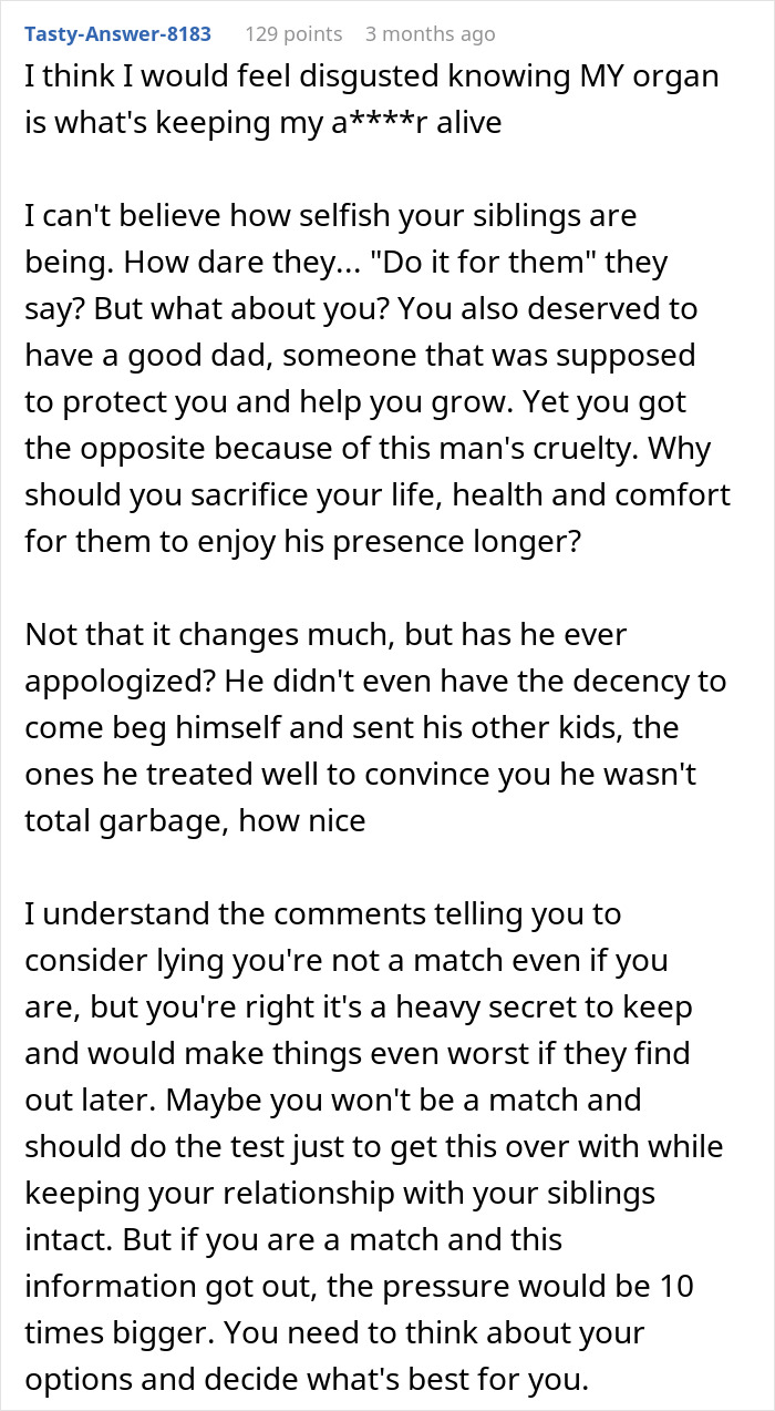 Commenter discussing a man refusing to donate an organ to the father who made his childhood hell, sharing personal opinions.
