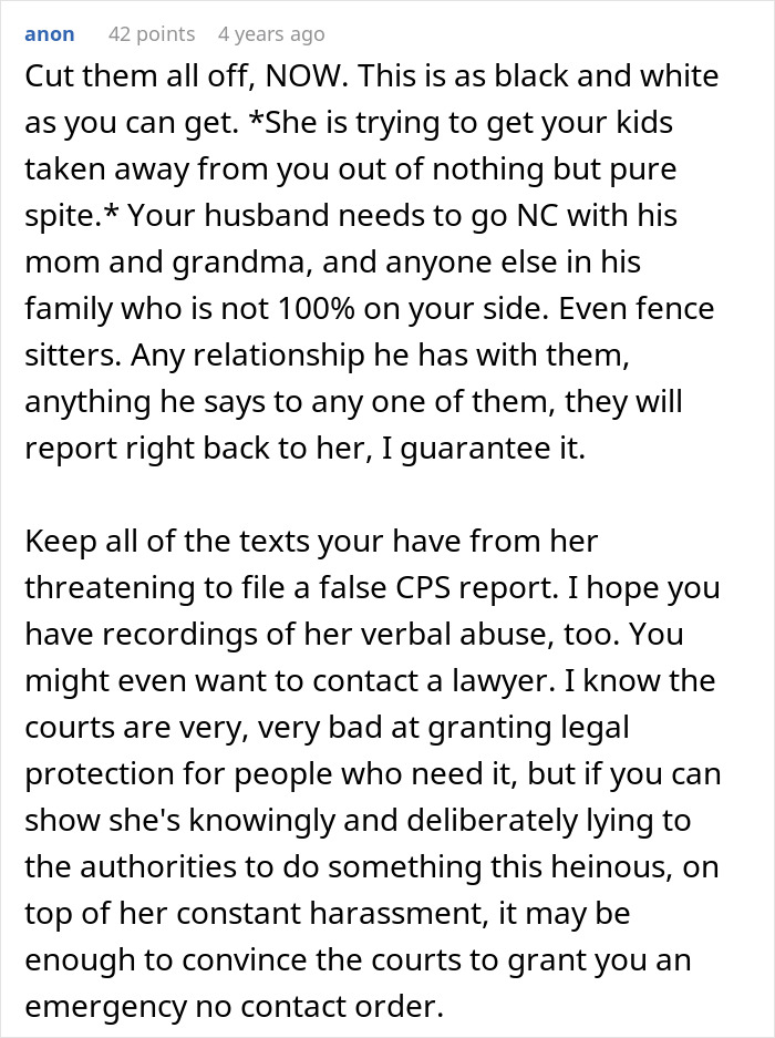 Advice for woman facing CPS threats from MIL, focusing on legal steps, no contact orders, and protecting her family. Advice for woman facing CPS threats from MIL, focusing on legal steps, no contact orders, and protecting her family.