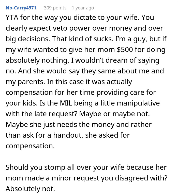 Comment discussing refusal to pay MIL for babysitting toddler, debating compensation and family dynamics in caregiving.
