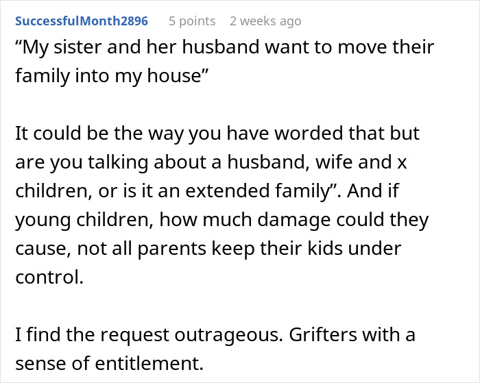 Comment discussing a man refusing to give his home to sister and her family, highlighting entitlement concerns.