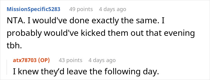 Screenshot of an online discussion about entitled family behavior leading to consequences and being banned from visits.