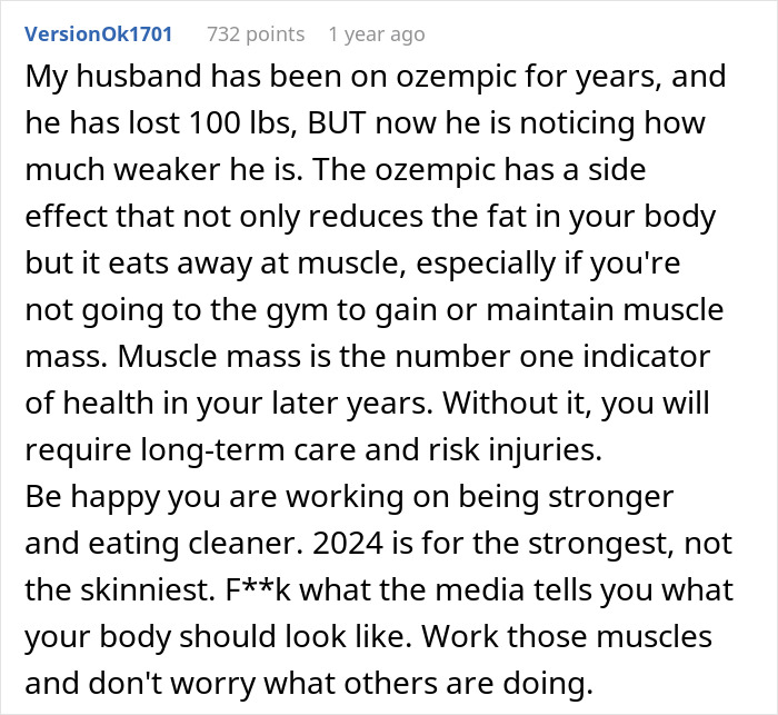Comment about Ozempic side effects on muscle loss and impact on health from loved ones taking Ozempic.