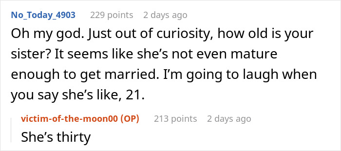 Discussion about a woman not inviting her half-sister to wedding over a ridiculous reason but expecting a gift. - 8