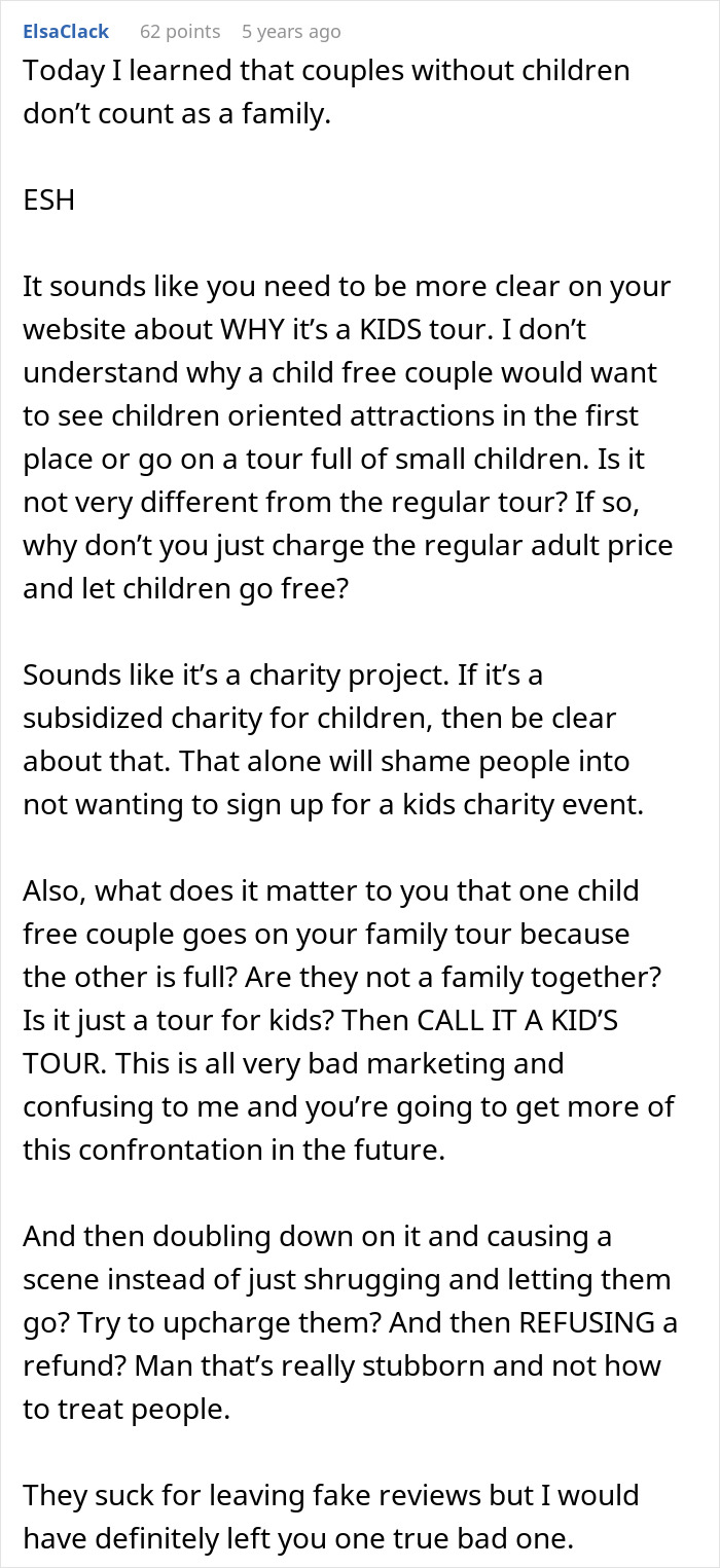 Screenshot of a forum discussion criticizing poor customer service by a tour company turning away childfree couples from family tours. - 32