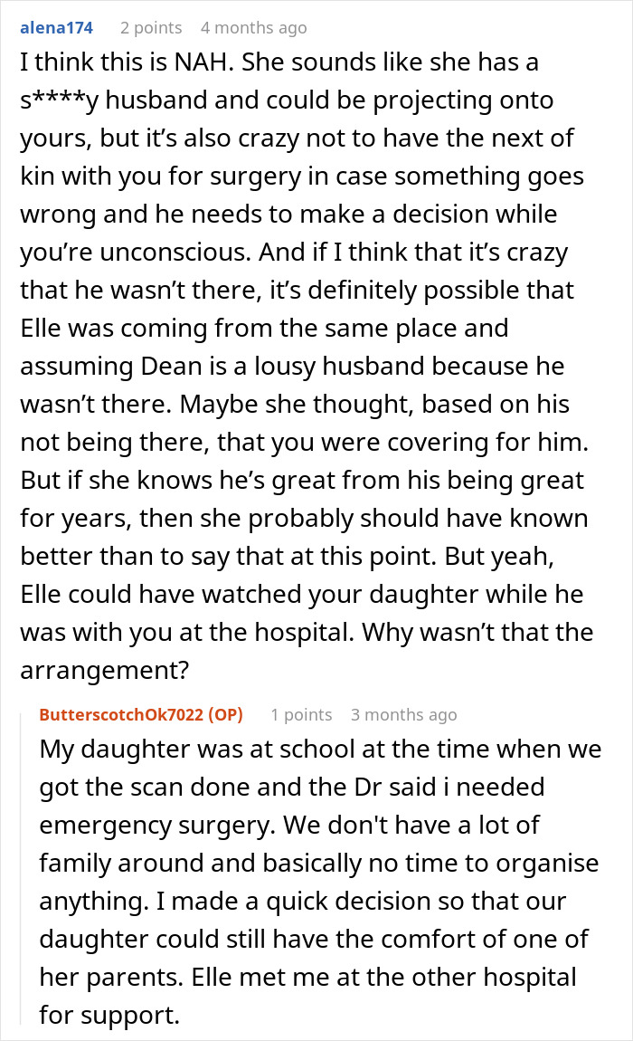 Online discussion about pregnancy husband boundaries and family support during emergency surgery and childcare arrangements. - 40