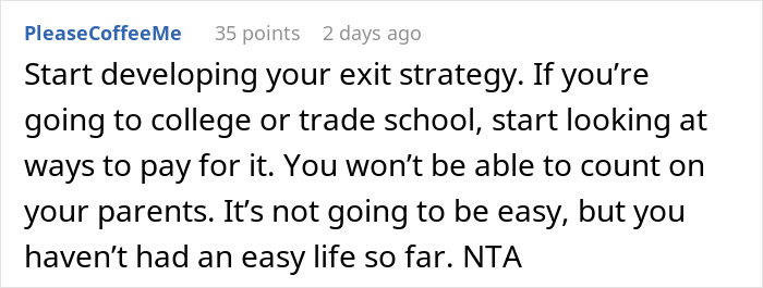 Text post on a forum advising to develop an exit strategy for college or trade school due to family challenges.
