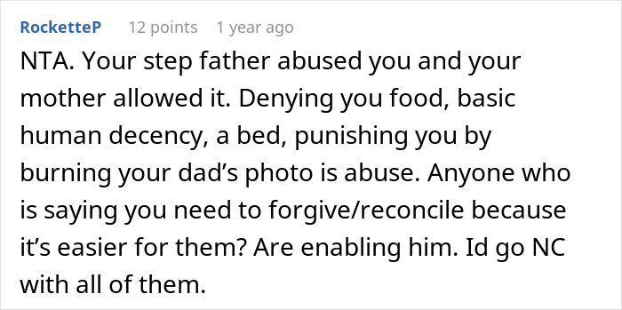 Comment discussing stepfather abuse and refusal to reconcile after burning father's picture in an online forum. Comment discussing stepfather abuse and refusal to reconcile after burning father's picture in an online forum.