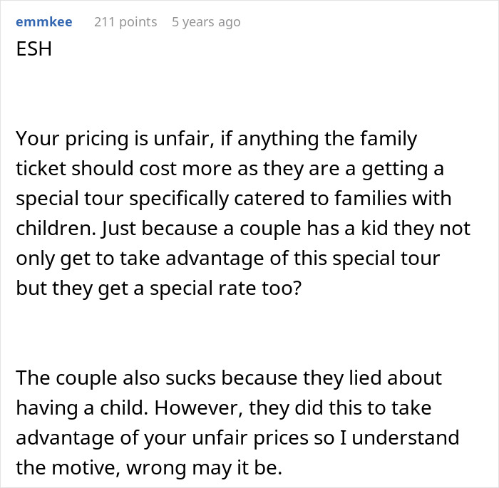 Screenshot of a social media comment criticizing a tour company’s family tour pricing and childfree couple policy. - 30