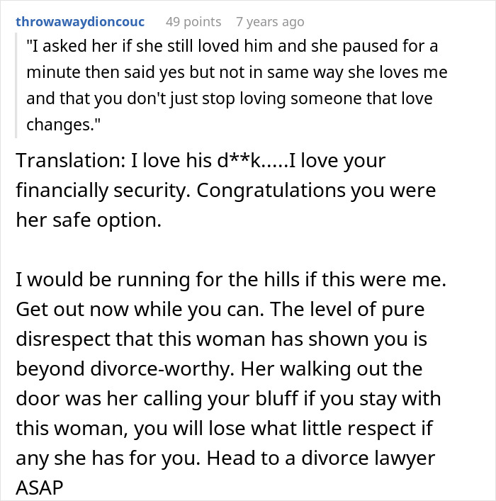 Text excerpt showing a Reddit comment discussing relationship issues and emotional betrayal after a husband feels sick realizing who their son is named after. - 36