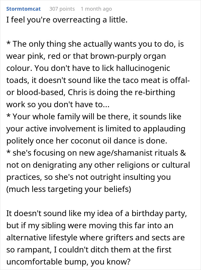 Screenshot of a Reddit comment discussing a guy skipping his sister&rsquo;s re-birth party due to discomfort with the event.