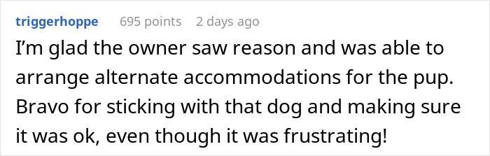 Comment praising a friend who insisted on boarding a dog, appreciating their dedication despite difficulties.