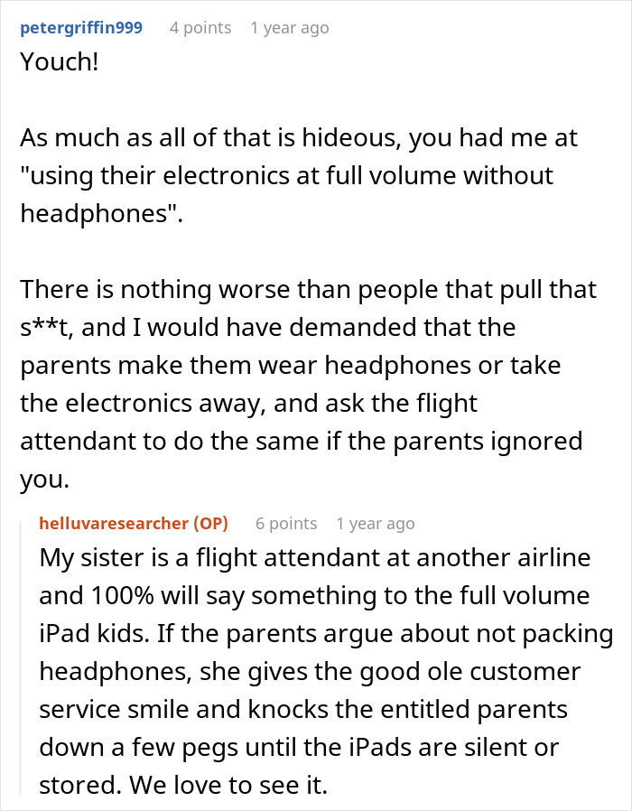 Reddit comment discussing rowdy kids on a flight and the role of parents and flight attendants during the incident. - 25