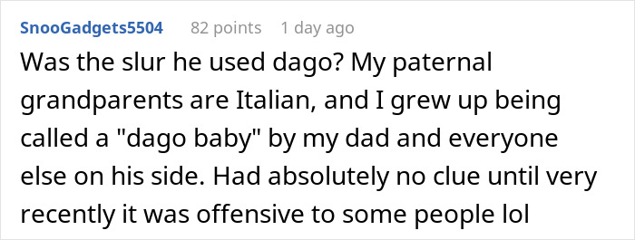 Comment about offensive slur related to inlaws day ruined genetic heritage information and family background discussion. - 27