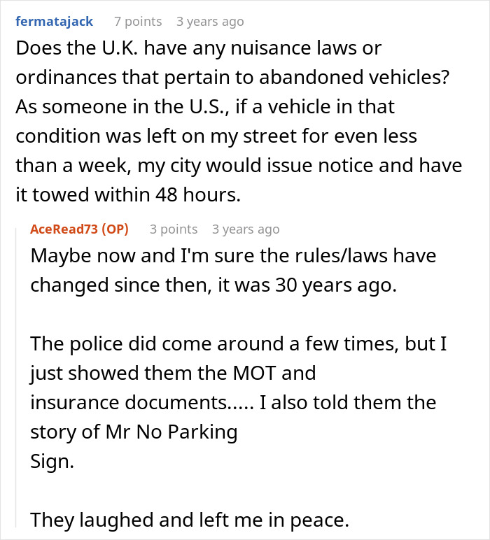 Screenshot of online discussion about nuisance laws and abandoned vehicles relating to public road parking and parking disputes.