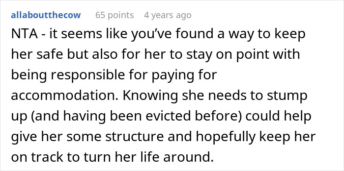 Screenshot of a Reddit comment discussing renting a house to a family member to help them stay responsible and safe.